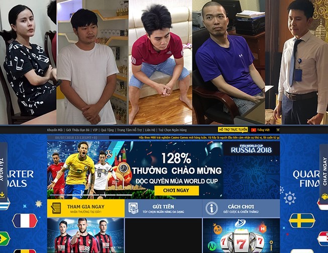 上圖：被扣留的5名嫌犯。下圖：足球賭網截圖。（圖源：PLO）