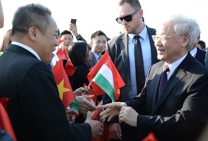 越南僑胞在機場迎接阮富仲總書記。（圖源：VOV）