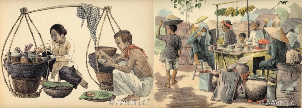 嘉定美術學校的學生創作嘉定肩挑小販速寫畫《Monographie dessinée de l'indochine：Cochinchine》於1935年出版。