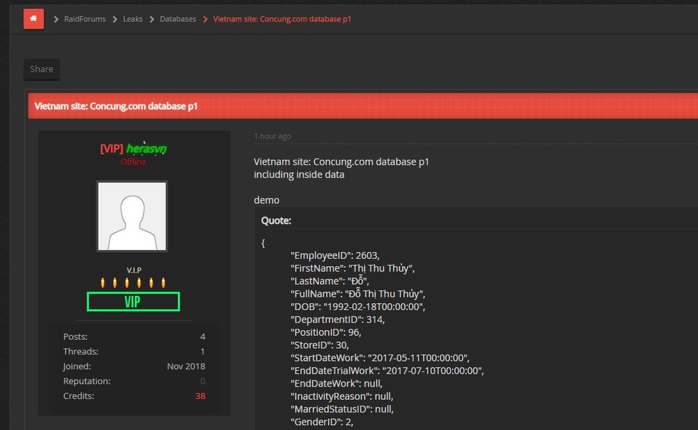 寶貝連鎖店數據資料出現在RaidForums網站上。（圖源：網站截圖）
