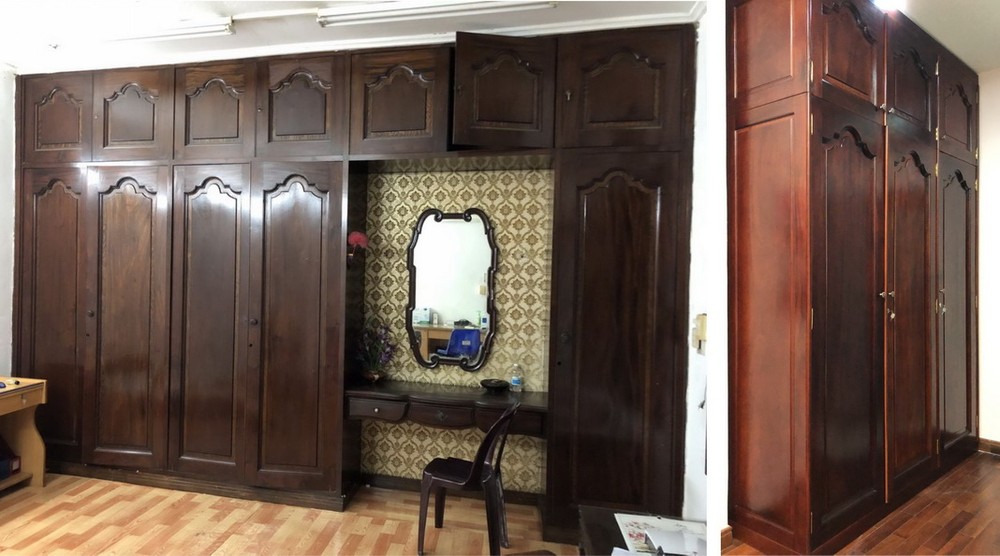 超過半個世紀的老木櫃（左）與新顏（右）。