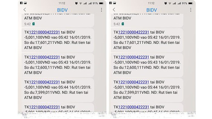 本月16日清晨5時38分至45分，她的手機連續收到9條銀行扣款的通知短信，內容是在越南投資與開發商業股份銀行(BIDV)提款。（圖源：屏幕截圖）