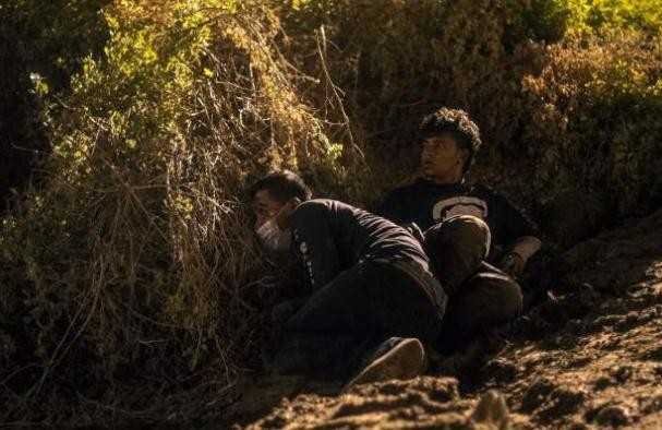 隨第三波大篷車隊抵達美墨邊界的薩爾瓦多移民，從聖地牙哥邊牆下挖洞熘進美國，藏身樹叢。（圖源：Getty Images）