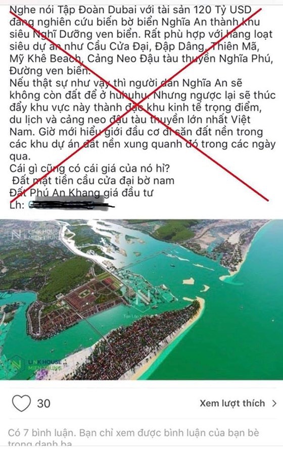 在Zalo社交網上散佈失實資訊，企圖“吹高”地價，影響到地方的治安、政治和秩序。（圖源：阮莊）