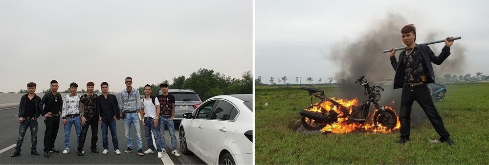 K.B.在YouTube頻道上的圖片獲得一部分年輕人高呼讚賞（在高速公路上橫排站著拍照、如焚燒車輛）。（圖源：互聯網）