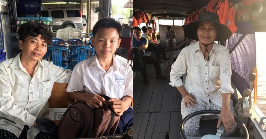 左圖：3 年來，白友利同學得到孫大姨免費接送上下學。右圖：孫煌奕水擺渡送遊客參觀山洲渚。