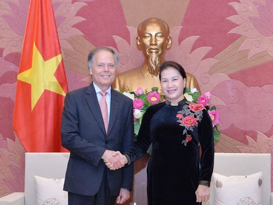 國會主席阮氏金銀(右)接見意大利外交與國際合作部長恩佐‧毛維羅‧米拉內西。（圖源：VOV）