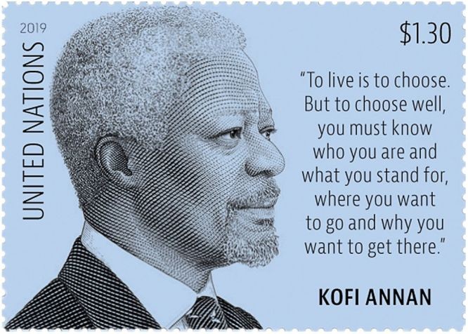 聯合國郵政管理局於5月31日發行紀念已故秘書長科菲·安南的郵票。（圖源：聯合國郵政管理局）