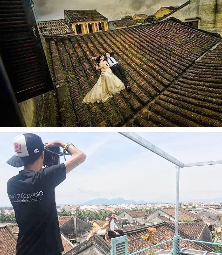 在會安古埠的古屋頂上拍婚照是侵犯遺跡的行為。