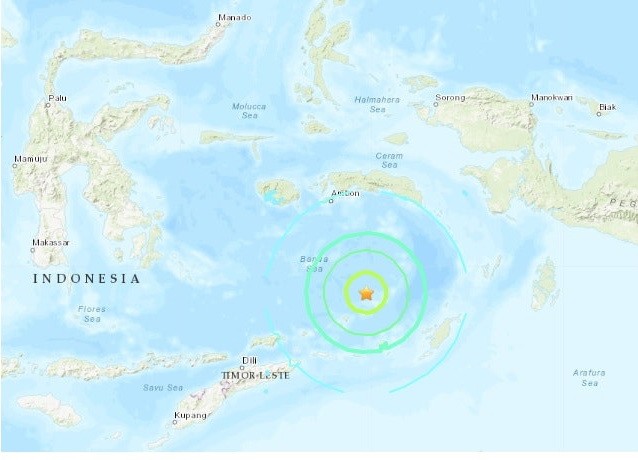 印尼班達海附近發生7.5級地震，震源深度208.3公里。圖中星號表示震中位置。（圖源：互聯網）
