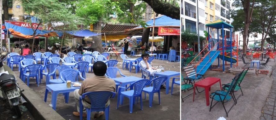 公寓的公共場地被各家飲料店佔用的情景。