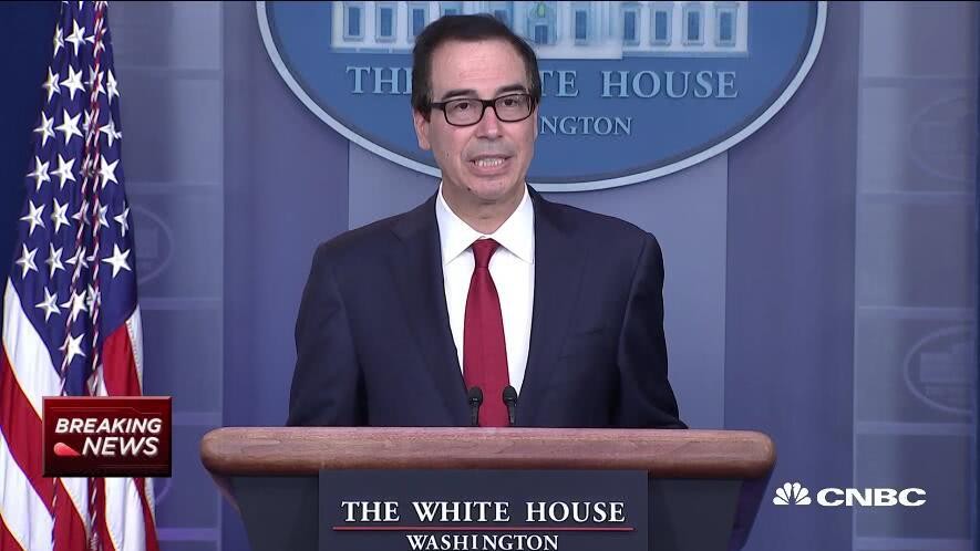 美國財政部長姆努欽當地時間15日在白宮表示，美國社交媒體公司臉書計劃發行的加密數字貨幣Libra將涉及“國家安全問題”，恐被犯罪分子利用。（圖源：CNBC）