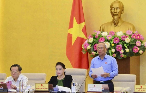 國會副主席汪周琉（左）在會議上發言。（圖源：越通社）