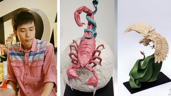 阮雄強與其若干摺紙作品。