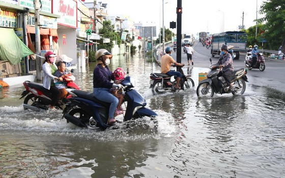 芽皮縣與第七郡交界處的富春橋下因潮汛高漲，局部路段的交通受影響。（圖源：越通社）