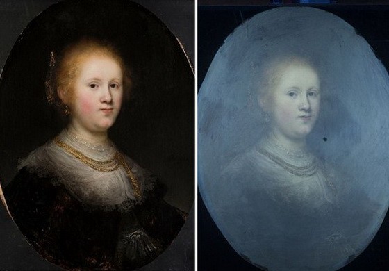 專家透視原畫作(左圖)表面的顏料，發現下面另有一層繪畫筆法與倫勃朗一致的顏料(右圖)。（圖源：互聯網）