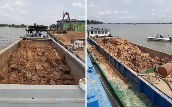 被扣留的疑非法採黏土駁船。（圖源：黎雄）