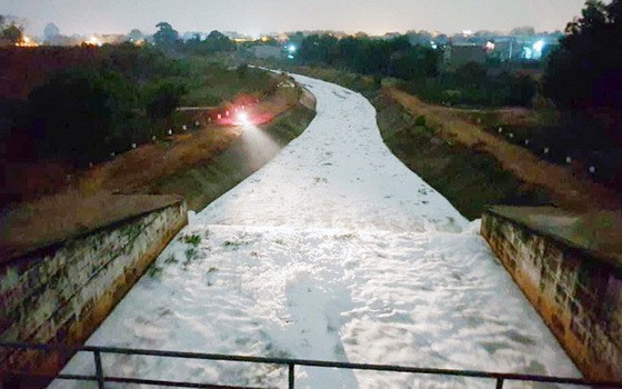 大雨過後，市溪漂滿白色泡沫。