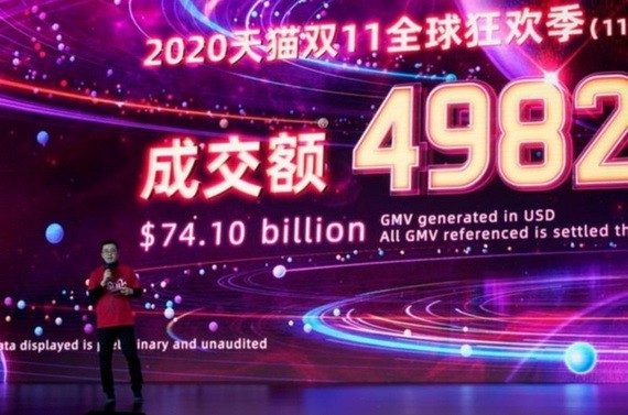 11月1日零時至11月12日零時，2020年天貓雙十一的成交額為4982億人民幣（約合741億美元）。（圖源：互聯網）