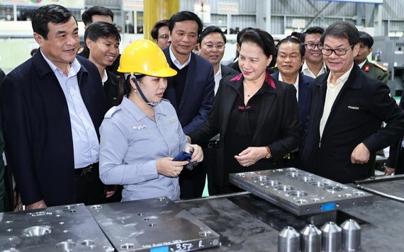 國會主席阮氏金銀（前中）與工作團前往視察朱萊Thaco工業區。（圖源：越通社）