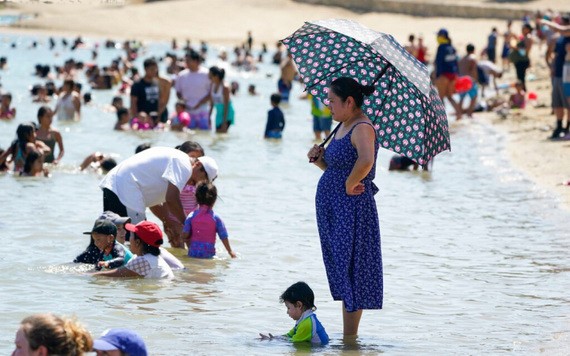 加州熱浪迫人市民湧到沙灘消暑。（圖源：AP）