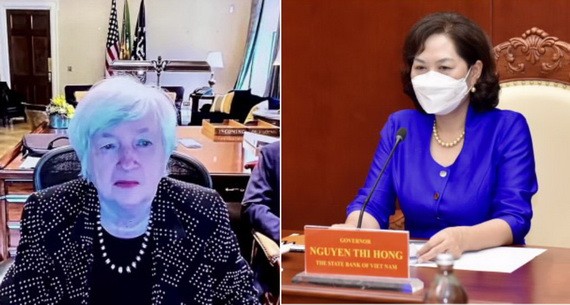 國家銀行行長阮氏紅（右圖）與美國財政部長珍妮特‧耶倫舉行視像會議。