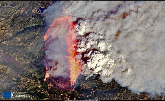 這張 8 月 17 日的衛星圖像捕捉到了加州卡爾多的火勢兇猛。（圖源：CNN）