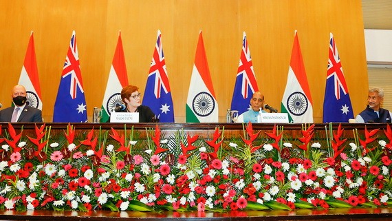 印澳首次 2+2 部長級對話現場。（圖源：AP）