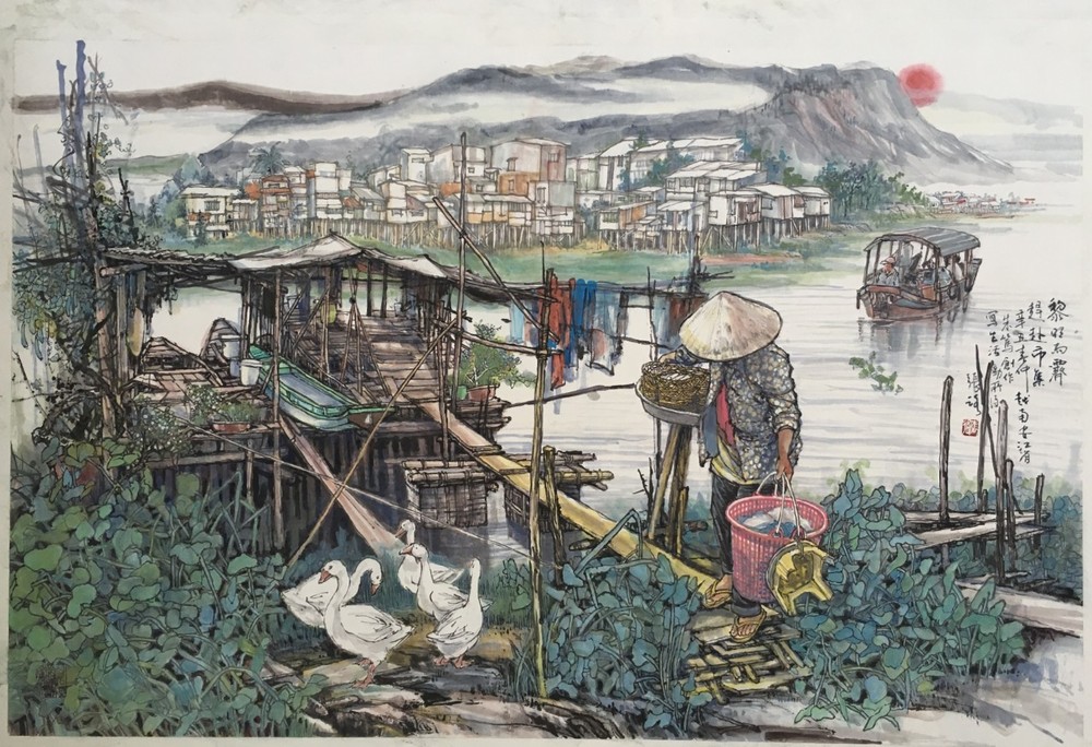 人民藝人張路作品《黎明雨霽，趕赴市集》。