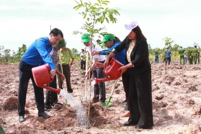共青團中央書記吳文剛（左）同當地領導一起參加植樹澆水。（圖：黃平）