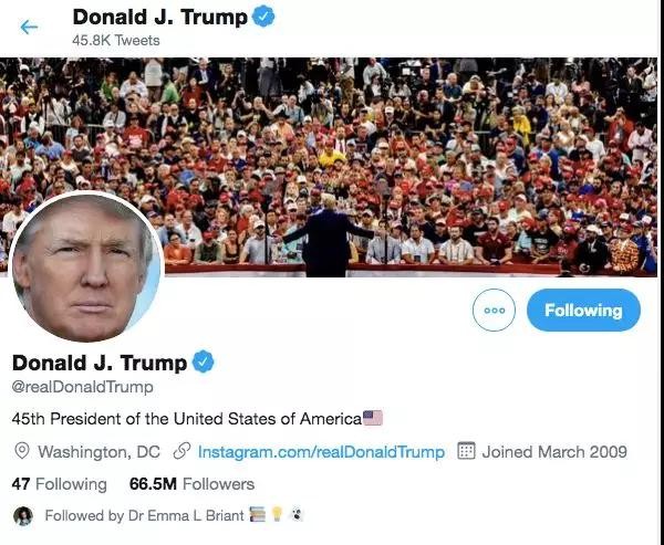 特朗普推特主頁。（圖：互聯網）