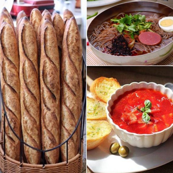 法棍（左）、平壤冷麵（右上）和烏克蘭紅菜湯。