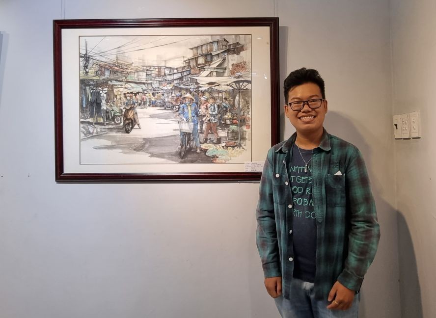 年轻画家张家俊和及其作品。