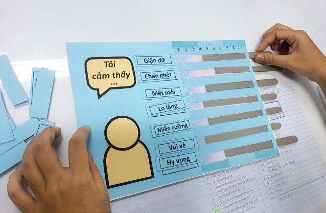 在无法使用言词表意时，一名患童使用表尺来确定其情绪程度。