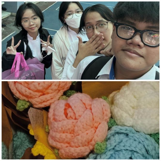 左起为青竹、原庄、玉欣、嘉明和他们钩针毛花。