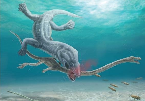 长颈龙水螅棘龙被潜在的捕食者巨型诺特龙“斩首”场景的艺术绘图。