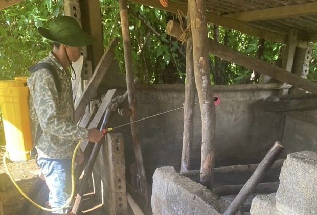 一名当地男性对自家的养猪场及附近进行喷射消毒，以防非洲猪瘟蔓延。