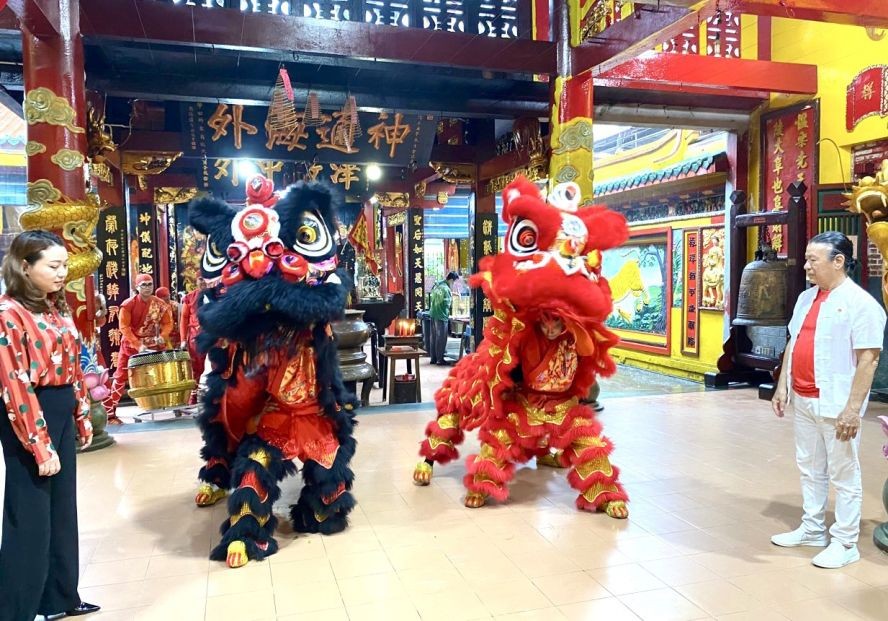 两头准备应赛的醒狮在参神。