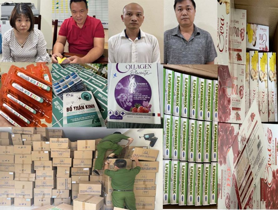 被抓获的涉案歹徒及查获的假劣保健品物证。（图：警方提供）