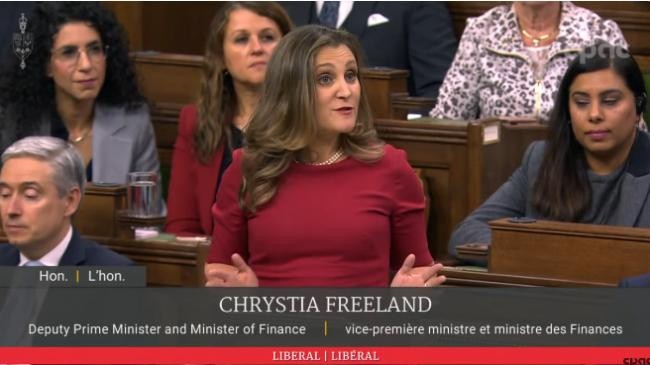 当地时间21日，加拿大 副总理兼财政部长弗里兰向国会众议院提交的2023年秋季经济报告并作阐释。（图：视频截图）