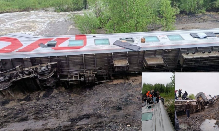 火车车厢脱轨并翻到，救护人员展开救援。（图：互联网）