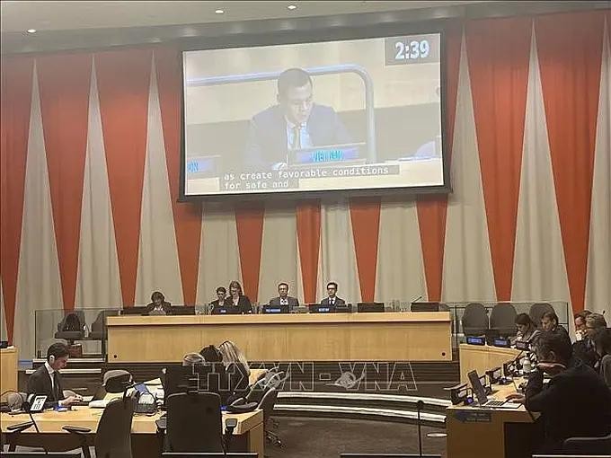 越南常驻联合国代表团团长邓黄江大使出席会议并发表讲话。（图：越通社）