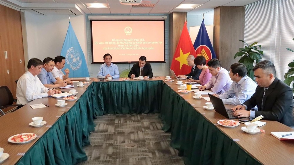 越南共产党中央机关党委代表团与越南常驻联合国代表团及越南驻美国纽约其他代表机构代表举行工作会议。（图：越通社）