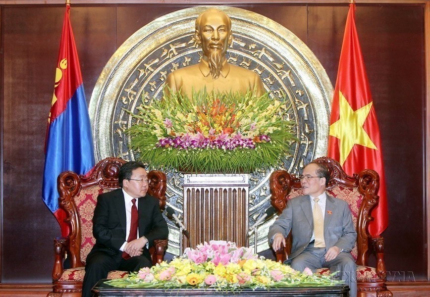 越南国会主席阮生雄会见对越南进行国事访问的蒙古国总统额勒贝格道尔吉（2013年）。（图：越通社）