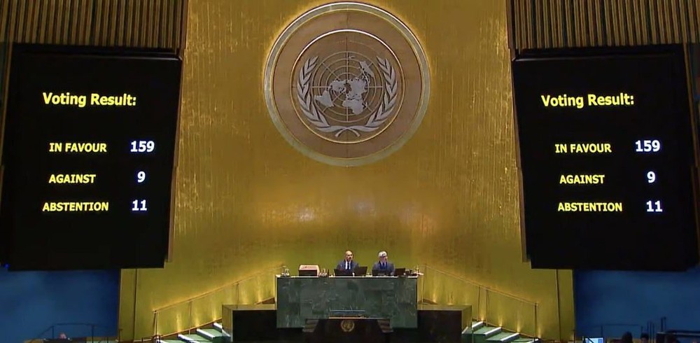 联合国大会对表示支援近东救济工程处的决议的表决结果。（图：联合国）