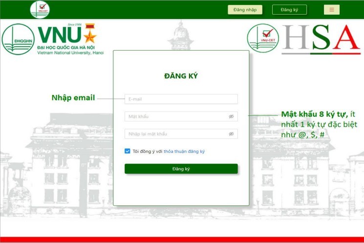 河内国立大学能力评价考试报名页面。（图：网站截图）