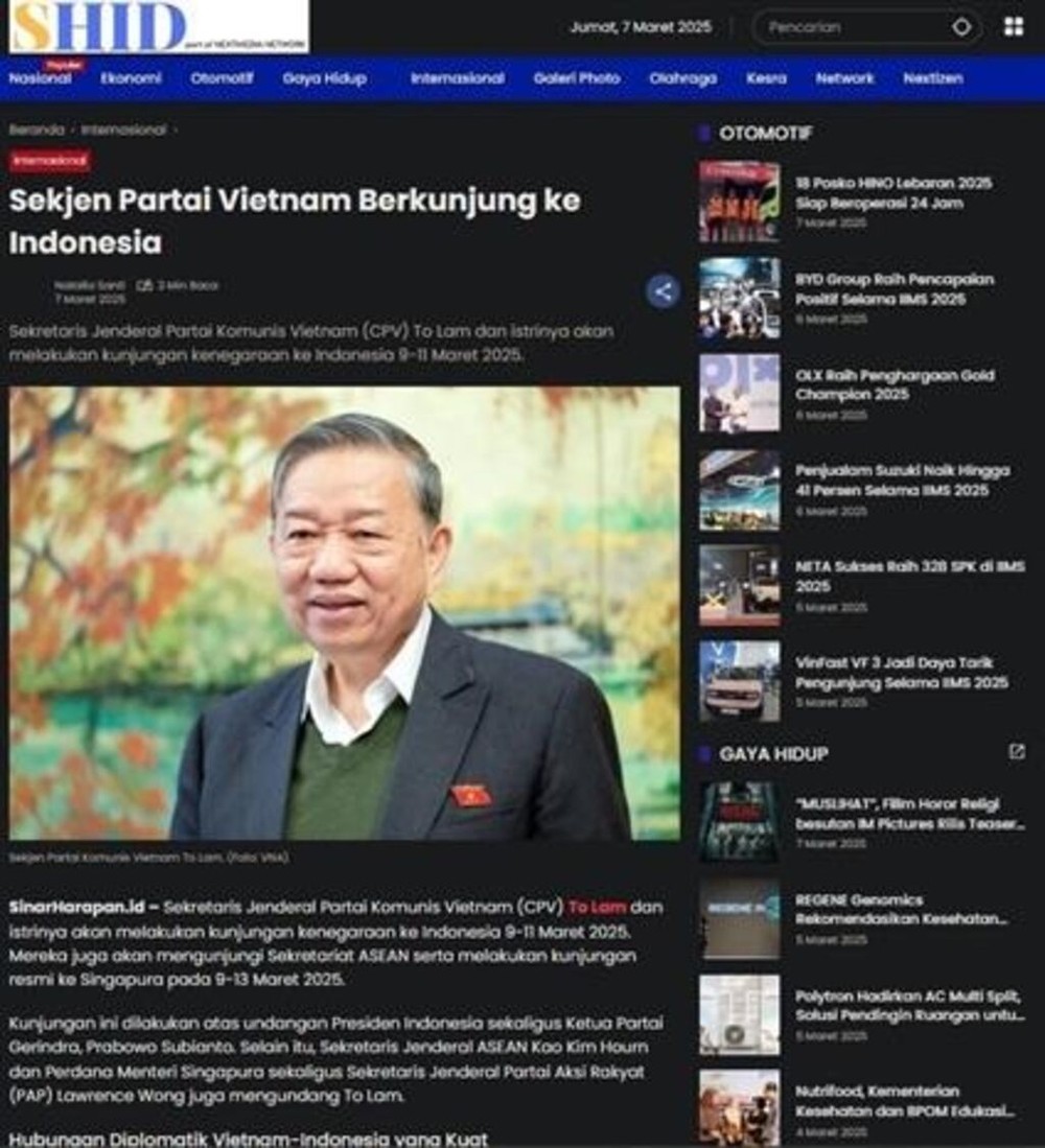 印尼媒体刊登有关越南总书记苏林的文章。