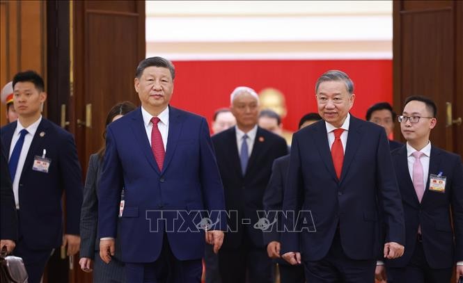 苏林总书记与中共中央总书记、中国国家主席习近平前往党中央办事处进行会谈。（图：越通社）