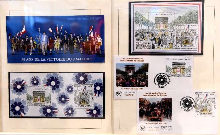 兰斯中央邮局展示的邮票图稿和首日封。（图：互联网）