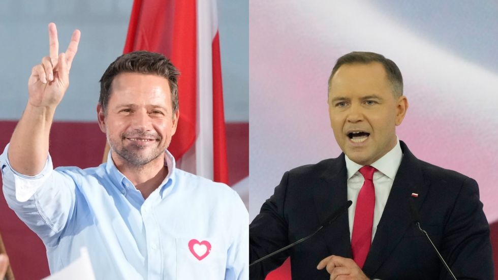 左图为波兰公民纲领党成员、华沙市长查斯科夫斯基。右图为保守的法律与公正党（PiS）总统候选人纳夫罗茨基。（图：AP）